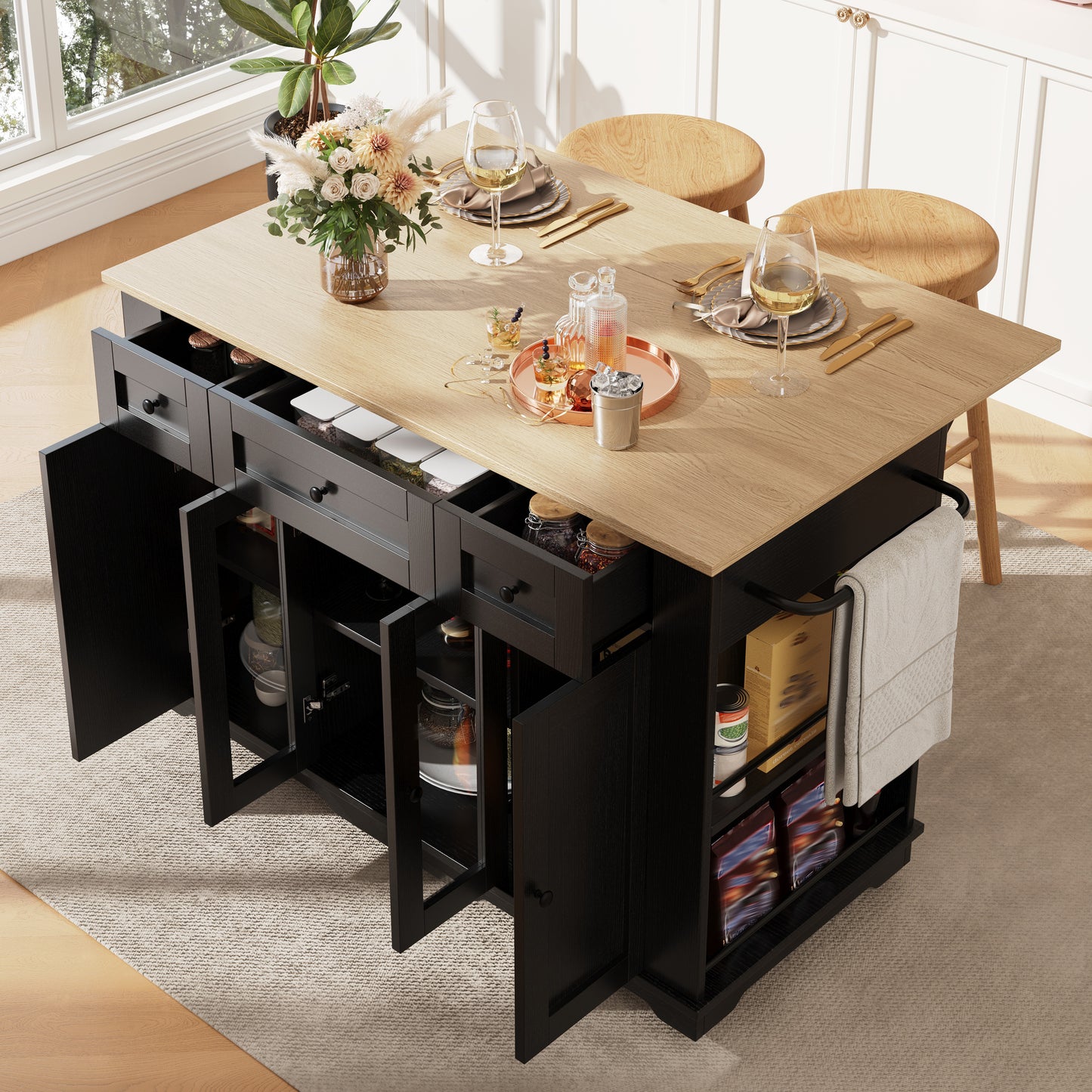 Kitchen Island, Removable Dividers, Kitchen Cabinet, Dining Cart With Countertop, Buffet Cabinet, Wood-Grain Dining Cart, Buffet Cabinet, Tempered Glass Cabinet, Black