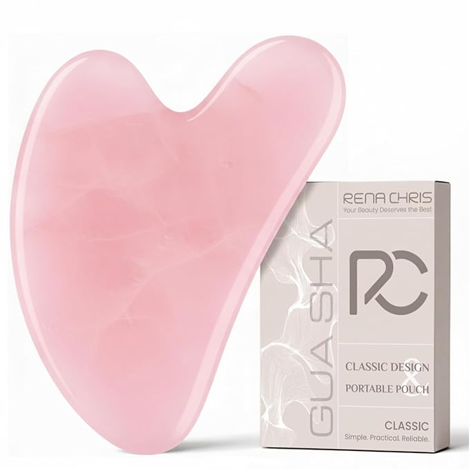 Rena Chris Gua Sha Facial Tools, Pink Stone Guasha Tool for Acupuncture, Manual Massage Tool for Jawline Sculpting and Puf...
