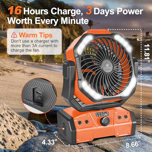 Odoland 40000mAh Camping Fan with LED Light, Battery Operated Oscillating Desk Fan with Remote & Hook, Rechargeable Outdoo...