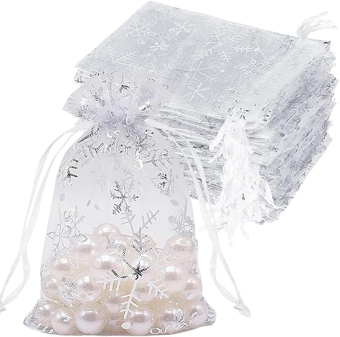HRX Package 100pcs Snowflake Organza Gift Bags Christmas 4x6 inch, Small White Mesh Jewelry Pouches Little Drawstring Cand...