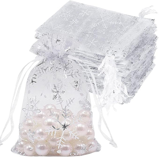 HRX Package 100pcs Snowflake Organza Gift Bags Christmas 4x6 inch, Small White Mesh Jewelry Pouches Little Drawstring Cand...