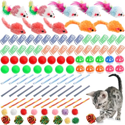 Nicunom 100 Pcs Cat Toys for Indoor Cats and Kittens - Spring, Fur Mice, Crinkle Ball, Sparkle Pom Pom Ball, Bell, Catnip ...