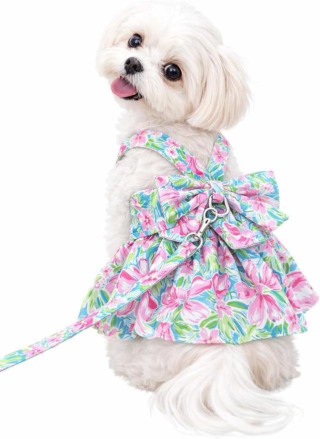 Dog Dress Bow Tie Harness Leash Set Harness Dress for Small Dogs Cute Dog Pet Girl Puppy Summer Clothes for Female Bunny C...
