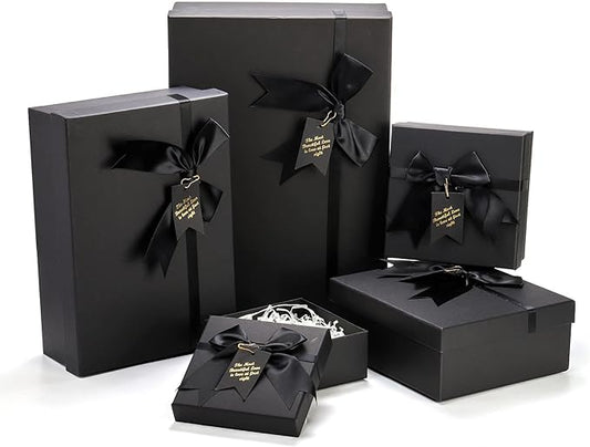 ZENFUN 5 Pack Black Nested Gift Boxes with Lid for Valentine's Presents, 5 Sizes Luxury Packaging Box with Ribbon Bows and...