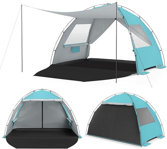 Tangkula 3/4/5/6 Person Pop Up Beach Tent with Canopy, UPF50+ Silver-Coated Lightweight Beach Sun Shelter with Extended Fl...