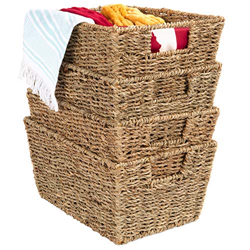 Best Choice Products Rustic Set Of 4 Multipurpose Stackable Seagrass Storage Basket, Handwoven Laundry Organizer Totes for...