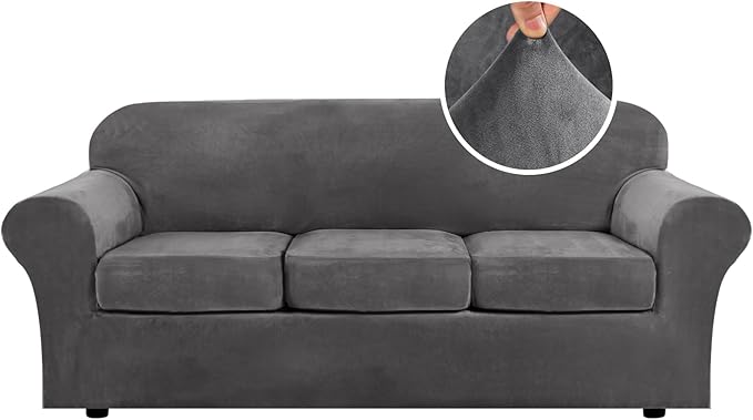 H.VERSAILTEX 4 Pieces Thick Velvet Sofa Covers Couch Covers for 3 Cushion Couch Sofa High Stretch Slipcovers Furniture Pro...