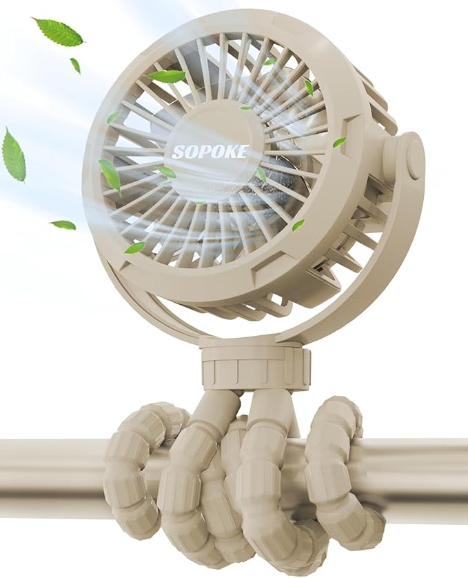 SOPOKE Mini Portable Baby Stroller Fan,3 Speed Personal Handheld Fan,Battery Operated Rechargeable 360° Flexible Tripod Co...
