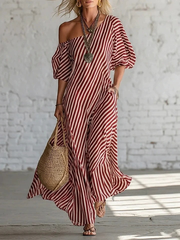 European And American Cross-border Amazon Independent Site Women's Fashion Spring Elegant Striped Off-shoulder Dress