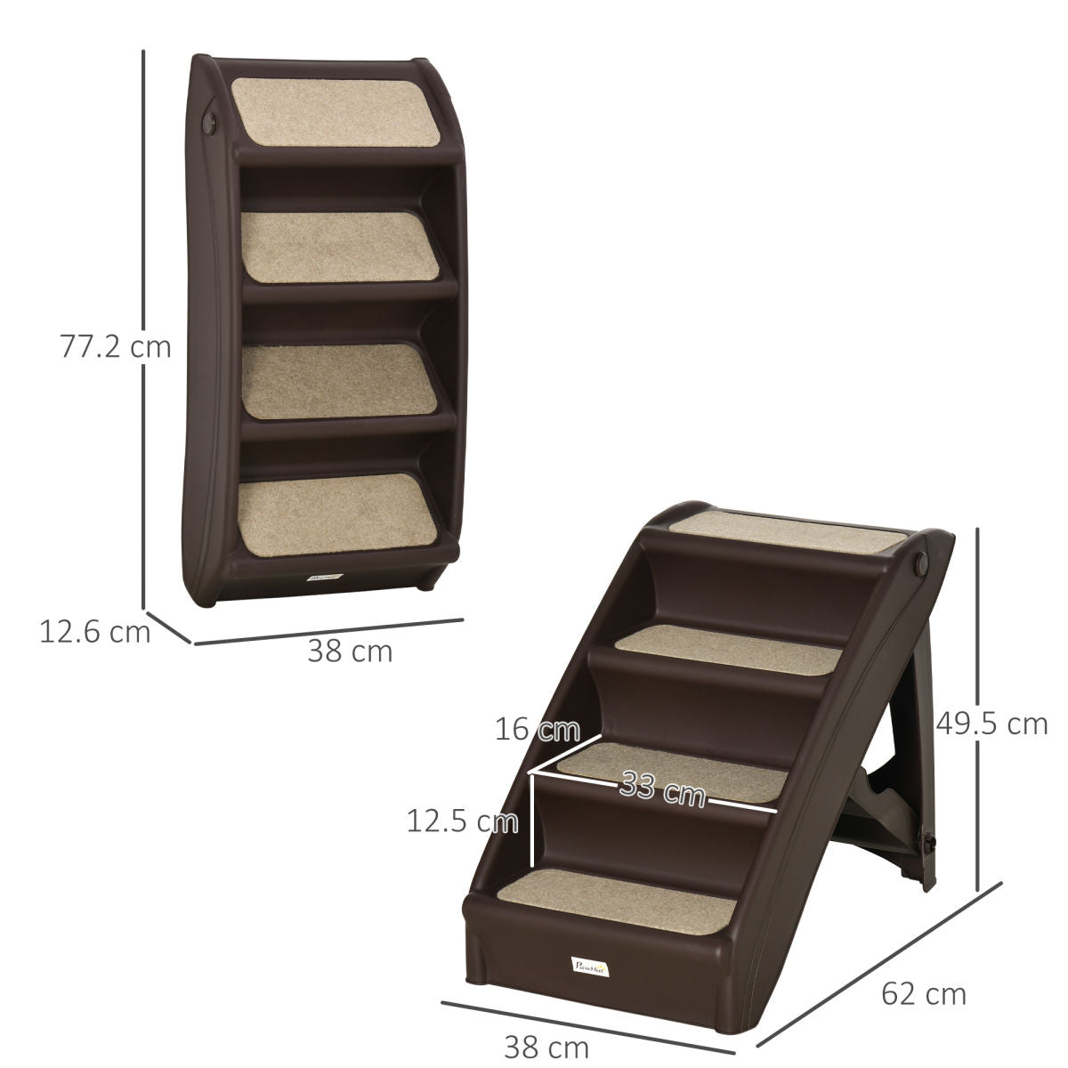 PawHut Foldable Four-Step Pet Stairs, For Cats, Small Miniature Dogs, With Non-Slip Mats 62 X 38 X 49.5cm - Brown