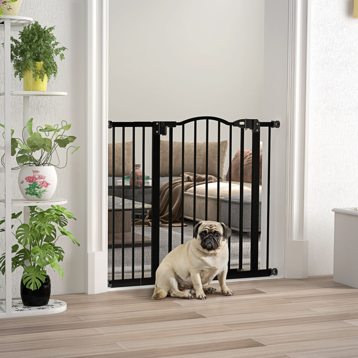 PawHut Metal 74-94cm Adjustable Pet Gate Safety Barrier W/ Auto-Close Door Black