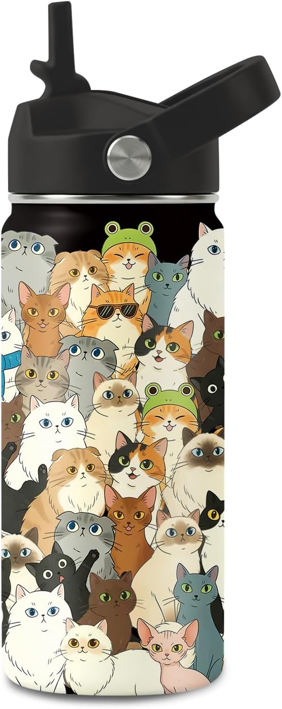 TNASURHUS 16oz Cats Water Bottle with Straw Lid for Cat Lover, Stainless Steel Insulated Tumbler, Leakproof, BPA-Free, for...