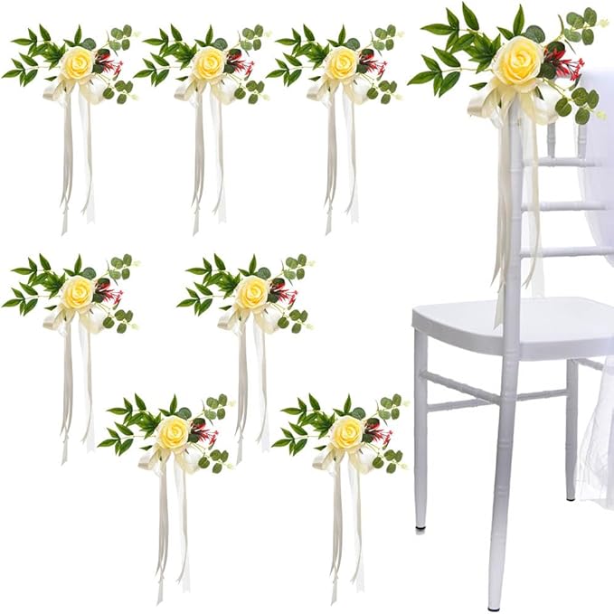 JOONOR Set of 8 Wedding Aisle Decorations Set Yellow Rose Flowers Chair Back Flowers with Leaves and Ribbons,Pew Artificia...