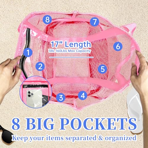 Yunaeduo Large Mesh Beach Bag - Lightweight & Foldable Family Beach Bag with 9 Pockets for Toys, Towels & Vacation Essentials