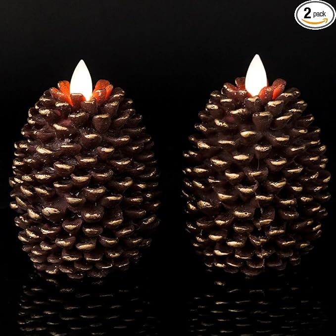 Wondise Flameless Candles with Timer, Battery Operated Flickering Wick Real Wax Pine Cone Candles for Holiday Indoor Decor...