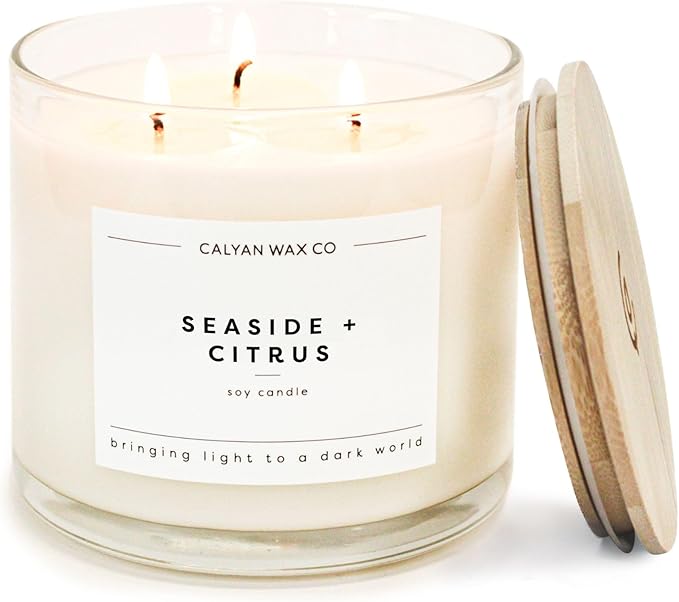 Calyan Wax Co. Seaside & Citrus 3 Wick Scented Candle - 43 Hour Burn - Luxury 3 Wick Soy Candles - Non Toxic Soy Wax Candl...