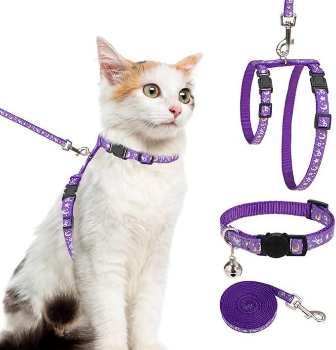 PAWCHIE Cat Harness with Leash and Collar Set - Escape Proof Adjustable H-shped Cat Harness with Star and Moon Pattern Glo...