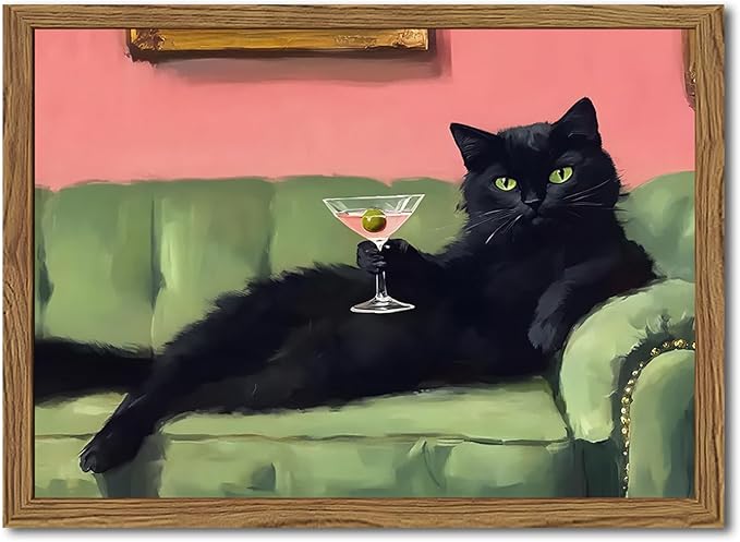 Funny Black Cat Martini Wall Art, Bar Cart Decor, Eclectic Cocktail Painting Canvas Print, Cute Animal Artwork Picture for...