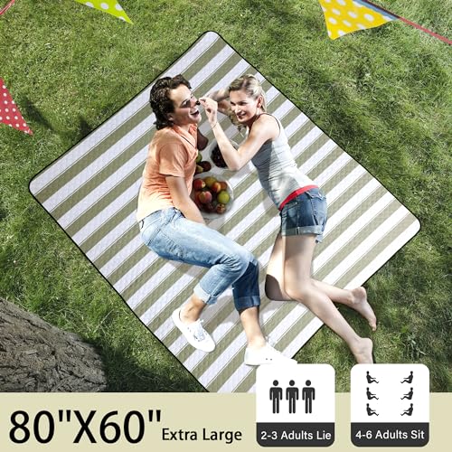 HX&OD Outdoor Picnic Blanket Extra Large, 80”x60” Waterproof Picnic Mat Foldable Camping Blanket Portable with Carry Strap...