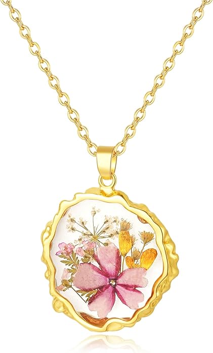 Hefestus Birth Flower Necklaces for Women,1-12 Month Real Pressed Flower Necklace,Boho-Style Personalized Jewelry, Handmad...