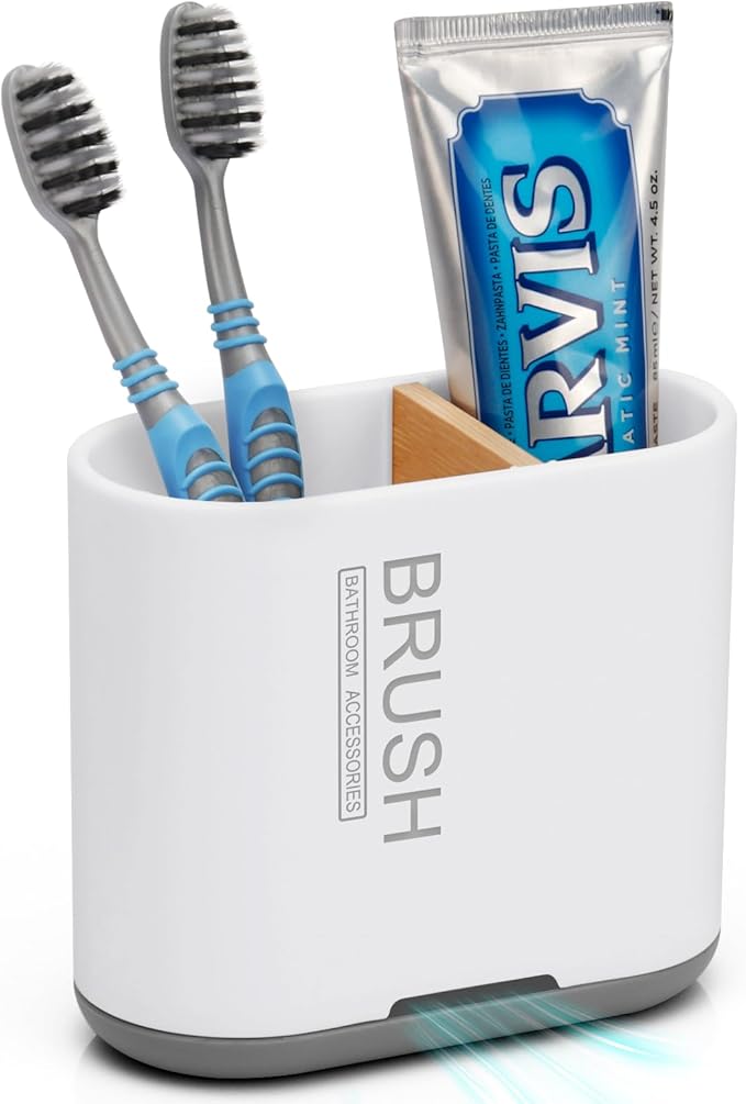 Toothbrush and Toothpaste Holder with Bamboo Divider for Bathroom Countertop Organizer, Detachable for Easy Clean, 2 Slots...