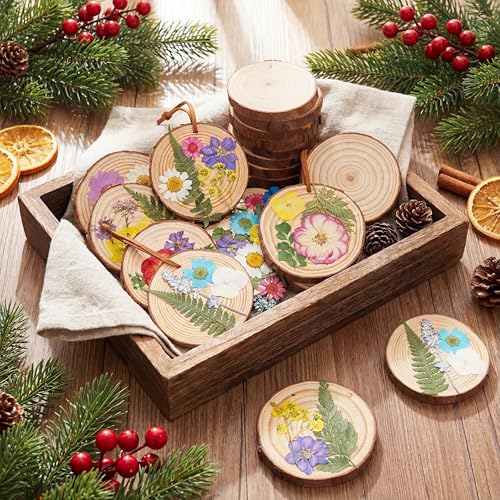 Maasechs 20 Set Spring DIY Wooden Crafts with Dried Pressed Flowers Leaves Unfinished Wood Slices Hanging Ornaments for Ar...