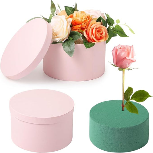 OMISTAR Round Floral Foam Present Box with Lid, Floral Arrangement Foam with Presentation Box, Elegant Flower Foam Contain...