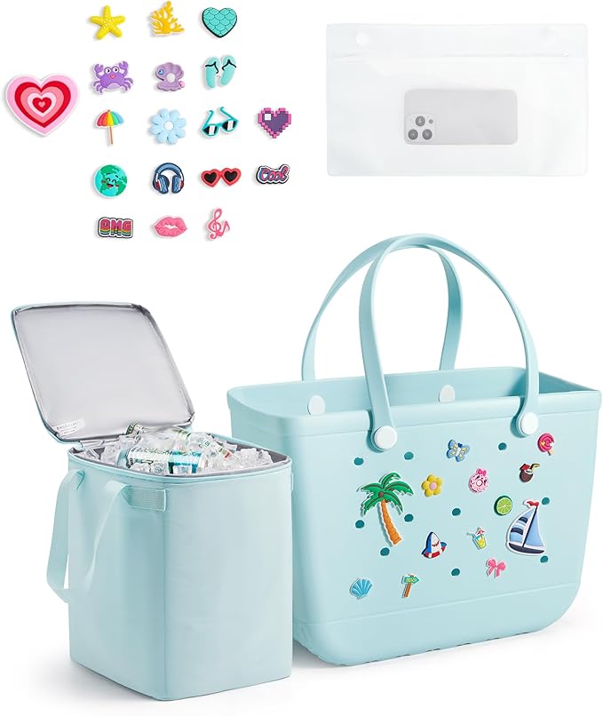 BAGSMART Large Beach Bag for Women with Cooler, Rubber Tote Bag with Charms, Waterproof Vacation Essentials for Swim Pool