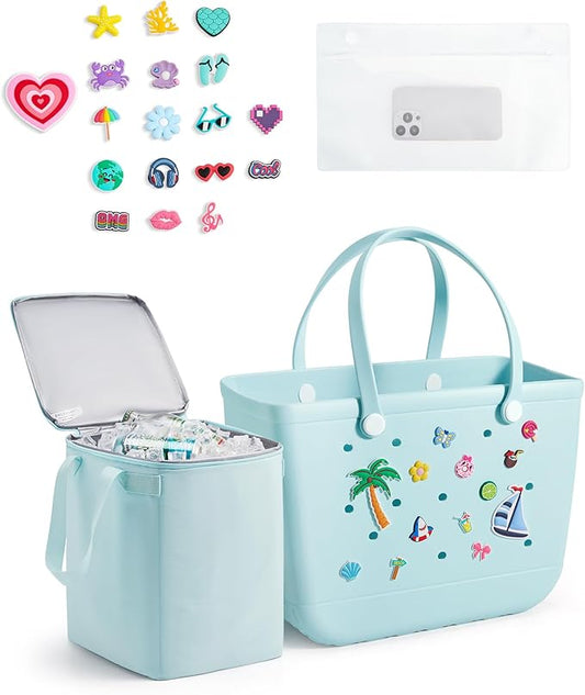 BAGSMART Large Beach Bag for Women with Cooler, Rubber Tote Bag with Charms, Waterproof Vacation Essentials for Swim Pool