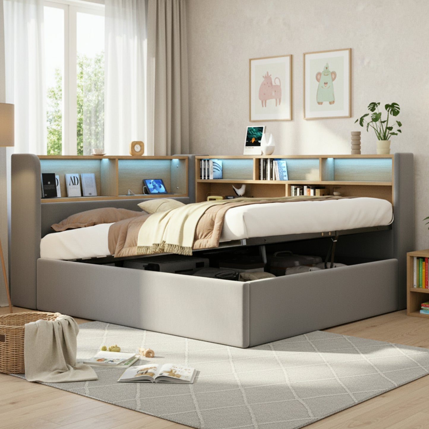 Daybed, L-shaped Upholstered Hydraulic Lift-Up Storage Bed, Sofa Bed With Storage, LED, USB Charging Port, 4FT6 Double Bed 135x190cm, Hydraulic Storage Bed Frame, Velvet, Grey