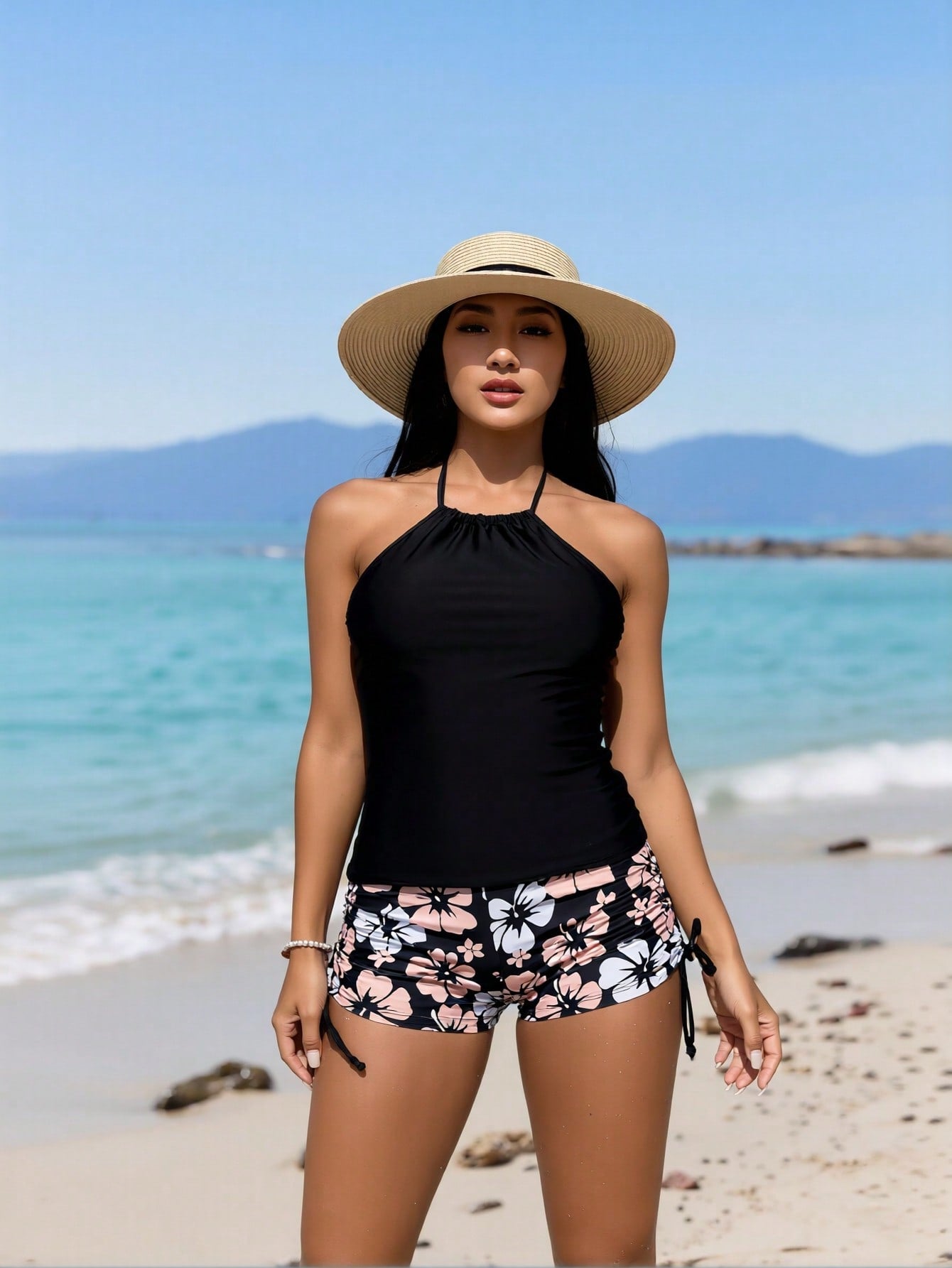 2026 New Fashion Swimsuit Women's Black Halter Tankini Top With Floral Print Drawstring Boyshort Bottom Set For Beach Vacation, Slim & Tummy Control