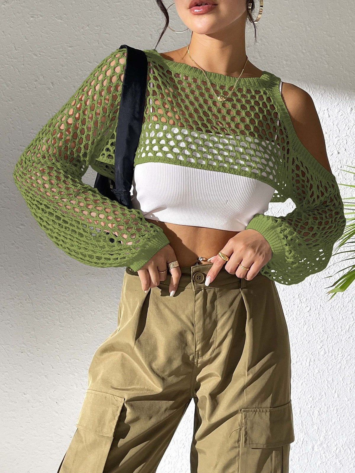 Women Sexy Cropped Crop Top, Hollow Knit Cover Up, European American Cross-border Fashion Casual Outerwear