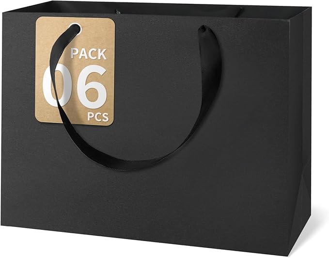 GEGIBOA Black Gift Bags With Handles 6 Pcs, 12.5x4.5x11 Inch Sturdy Kraft Paper Gift Bags, Bulk for Wedding, Party, Birthd...