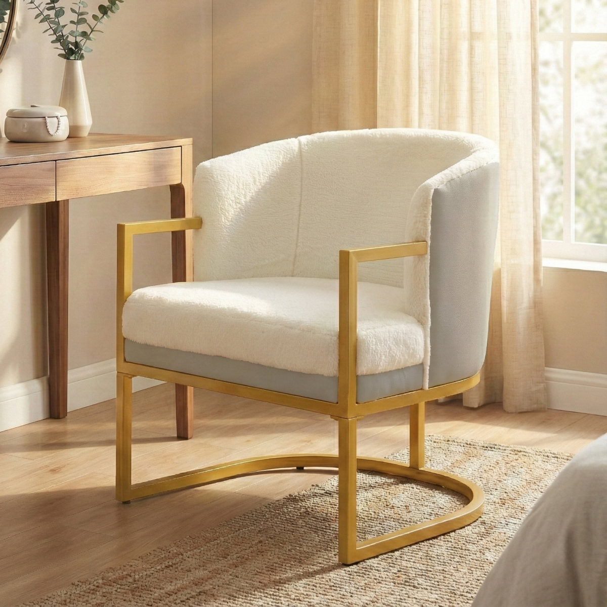 Modern Accent Chair Cozy Armchair Upholstered Reading Chair with Gold Metal Frame Living Room, Bedroom, or Office, Beige