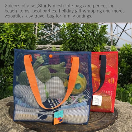 hsmyank 2Pack Large lightweight Simple Mesh Beach Tote Bag With snap Button Reusable Pool Bag for Outdoor Travel Shopping Gym