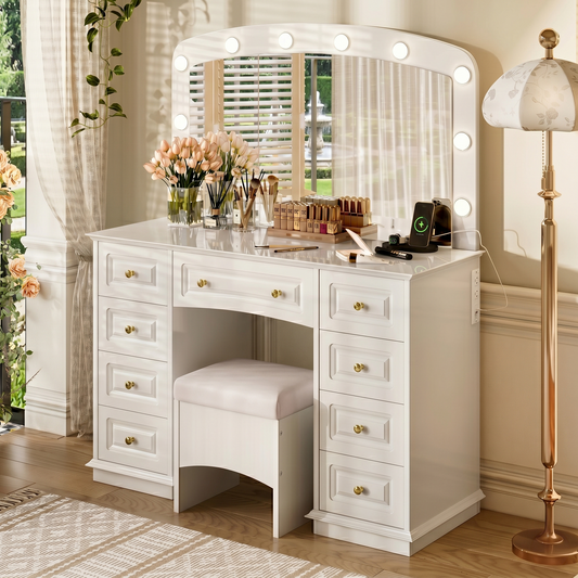 Old Luxurious Makeup Vanity With 10 Hollywood Bulbs, 3 Color Lighting Modes, Classic Dressing Table With Cushioned Stool And 9 Storage Drawers For Bedroom, White