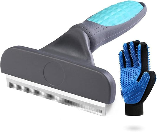 2PCS Pet Grooming Brush Set, Undercoat Deshedding Tool & Double-Sided Silicone Glove for Dogs, Cats & Horses - Gentle & Ef...