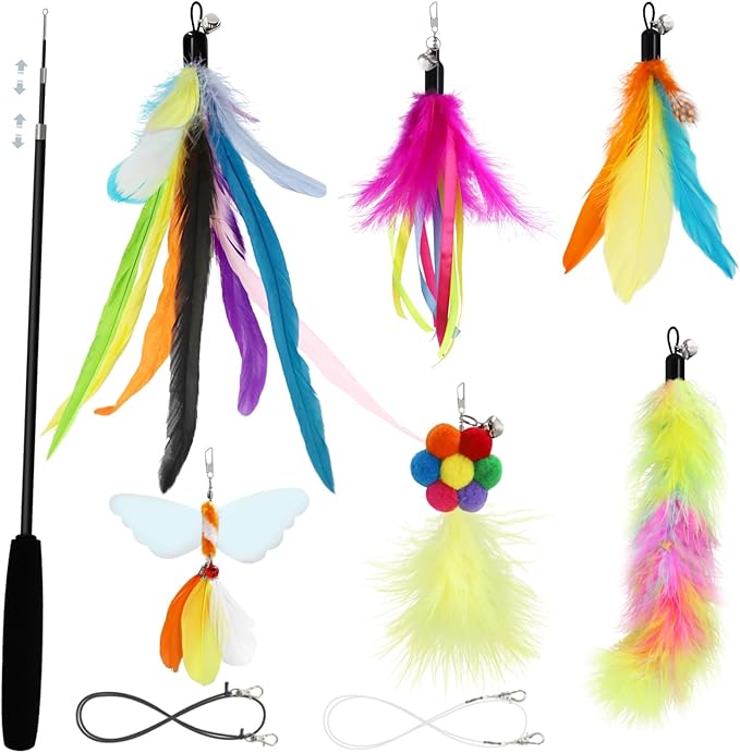 SONGWAY Cat Wand Toys for Indoor Cats - Cat Toy Set with Retractable Teaser Wand and 6 PCS Colorful Large Feather Toy Refi...