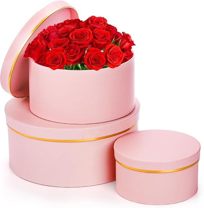 Coloch 3 Pcs Round Gift Boxes with Lid, Pink Flower Box with Golden Rim Nested Party Favor Boxes for Flower Arrangement, B...
