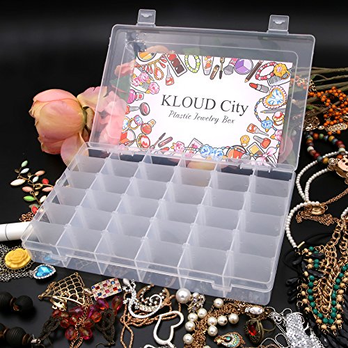 KLOUD City Clear Plastic Jewelry Box Organizer Storage Container with Adjustable Dividers (36 Grids)