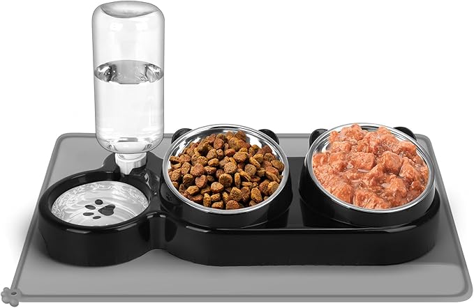 YECERCAN Cat Food and Water Bowl Set, Stainless Steel Raised Cat Bowls with Automatic Water Bottle & Waterproof Mat for Ca...