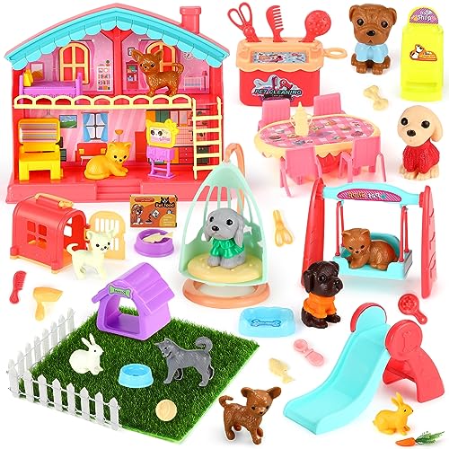 Leyndo 48 Pcs Dog and Cat Pet Figurine Playset Role Pretend Toy Set for Kids Realistic Educational Pet Care Center Dollhou...