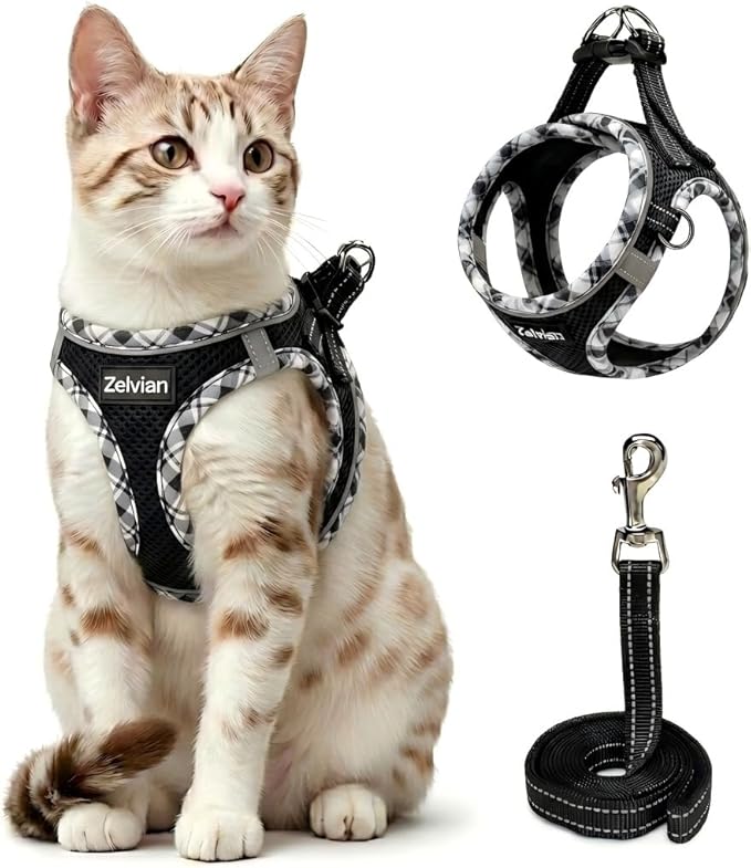 Zelvian Cat Harness and Leash Set for Walking, Escape Proof Adjustable Soft Mesh Kitten Harness with Reflective Strips, Br...