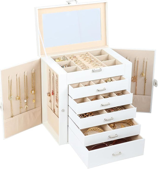 BOOVO Jewelry Box For women, 6 Layer Large Jewelry Organizer With Mirror, Multi-Function Storage Box With Lock, Necklace H...
