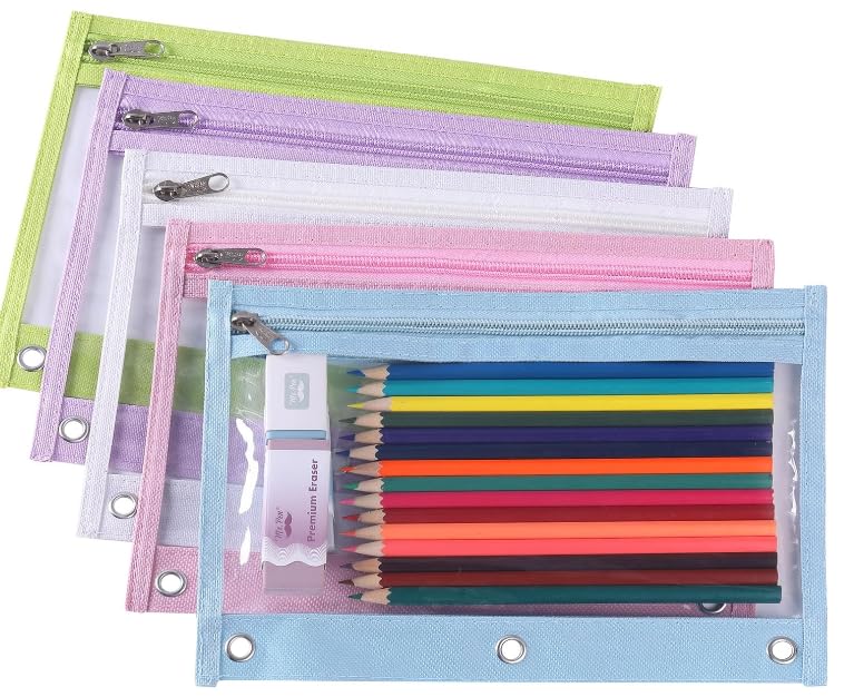 Mr. Pen Pencil Pouch Set, 5 Pack, Clear Zipper Pencil Pouches for 3 Ring Binder, Multicolor