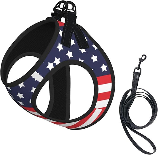 American Star Flag No Pull Dog Harness and Leash Set, Reflective Vest for Small Dogs, Adjustable Breathable Cute Classic M...