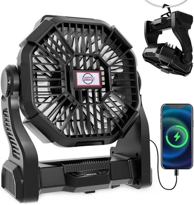 Eloslos Portable Rechargeable Camping Fan for Tent, LED Lantern, 270 Rotation, 36 Hours 10-Inch Quiet Personal USB Cooling...