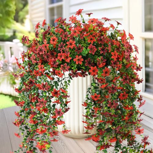 Artificial Fake Hanging Flowers Plants for Outdoor Spring Summer Decoration,2 PCS Faux Silk Daisy with Eucalyptus Leaves,U...