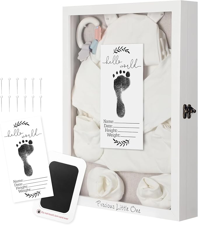 Jetec 12 x 16 Baby Shower Shadow Box Large Baptism Gift Baby Keepsake Box with Linen Back Hello World Newborn Sign Ink Pad...