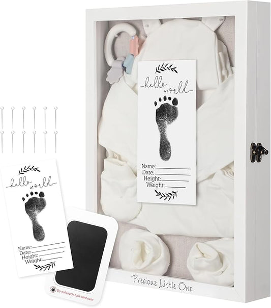 Jetec 12 x 16 Baby Shower Shadow Box Large Baptism Gift Baby Keepsake Box with Linen Back Hello World Newborn Sign Ink Pad...